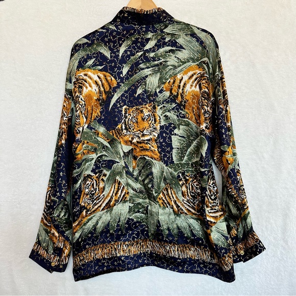 Vtg BRAVO men’s metallic silk tiger animal print gold browns button up shirt L - Picture 13 of 16